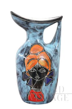 Vaso o caraffa vintage in ceramica con decoro smaltato, anni '60                            
