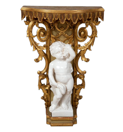 Antique console in gilded and carved wood with cherub sculpture        