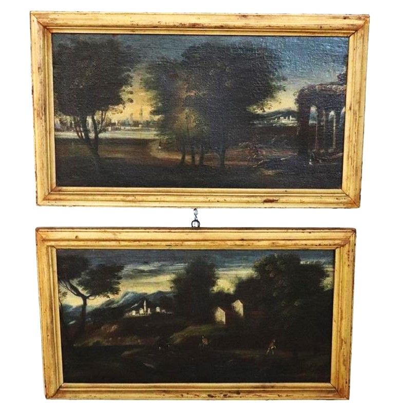 Coppia di dipinti antichi con paesaggi, personaggi ed elementi architettonici, XVIII secolo                            