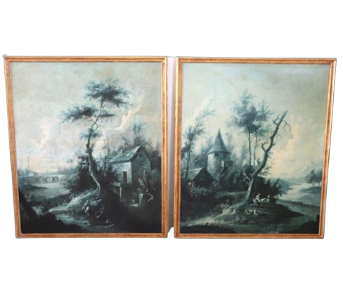 Coppia di grandi dipinti antichi con paesaggi monocromatici, XVIII secolo                          
