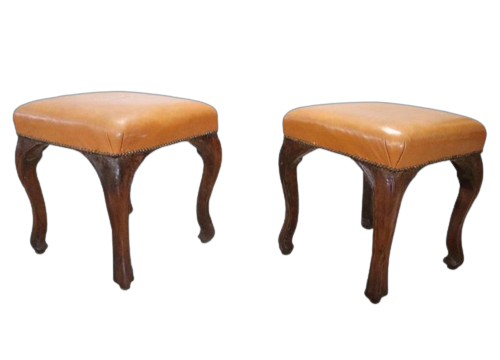Pair of antique stools in walnut and leather, Louis XV period, 18th century
