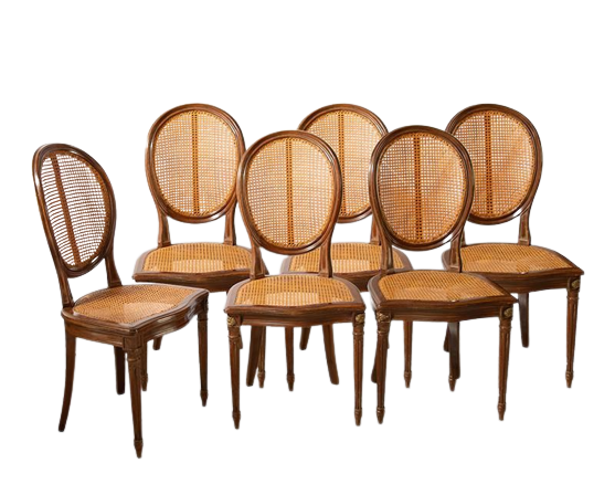 Gruppo di sei sedie antiche a medaglione in massello di mogano                          