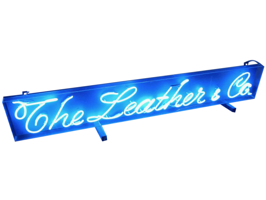 Vintage neon light sign, The Leather & Co.
