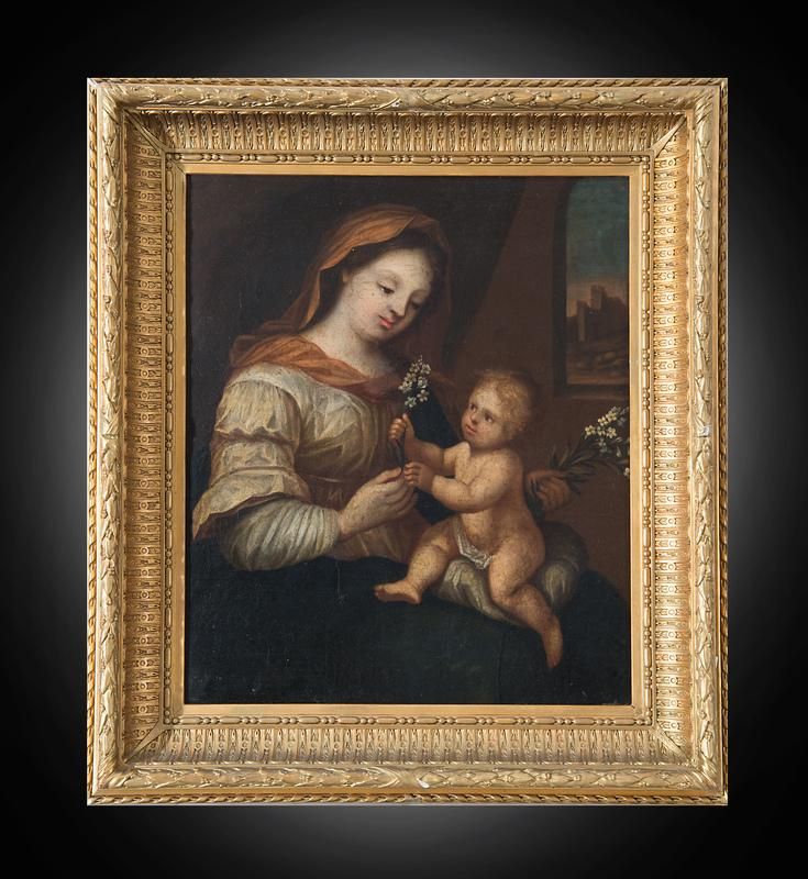 Dipinto antico olio su tela raffigurante Madonna col Bambino