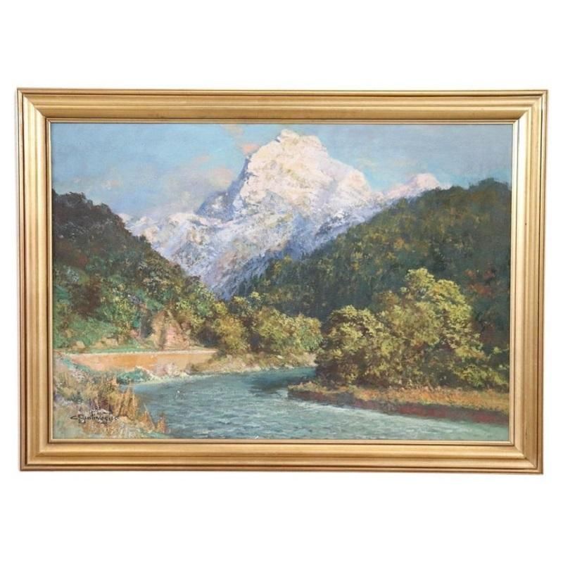 Cesare Bentivoglio - dipinto paesaggio di montagna con fiume, firmato                            