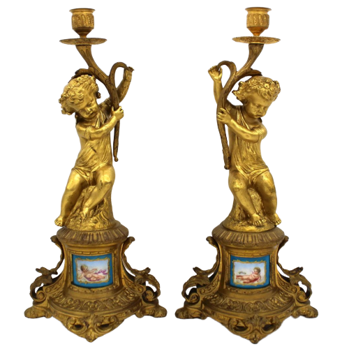 Coppia di Candelabri Napoleone III bronzo dorato e porcellane