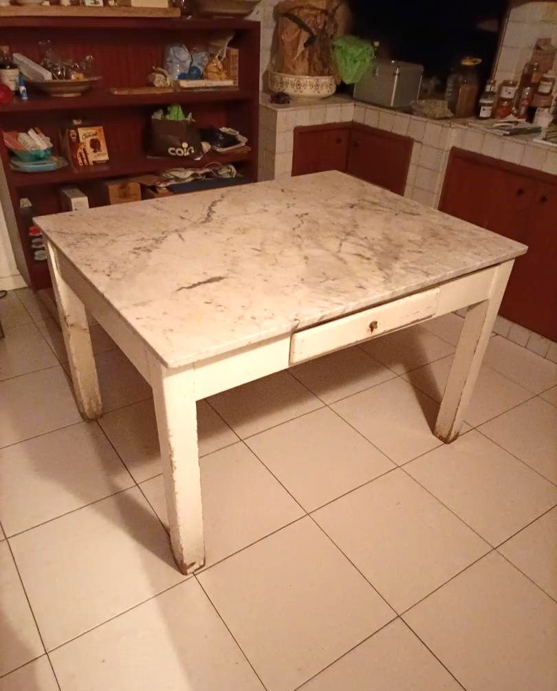Vintage kitchen table with marble top, drawer, cutting board and