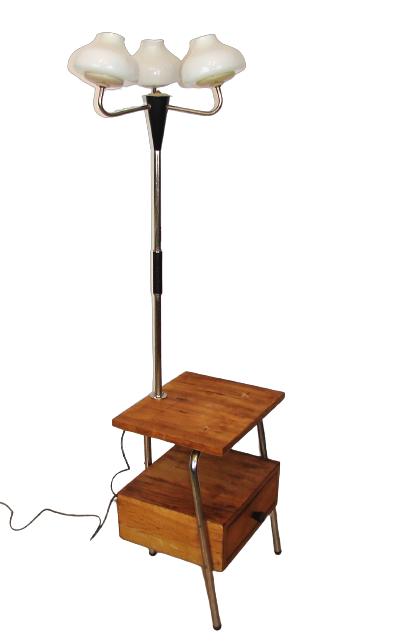 Vintage 3-light floor lamp with wooden cabinet, Poland 1960s                  
                            