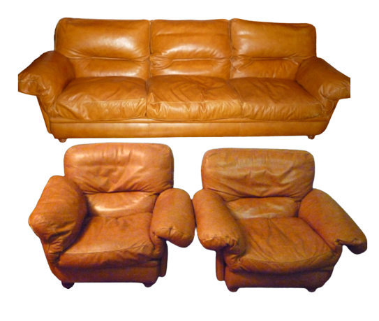 Poltrona Frau set: 3-seater sofa and 2 armchairs in brown leather