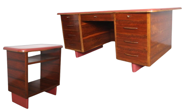 Set da ufficio vintage con scrivania e mobiletto in palissandro e skai                            