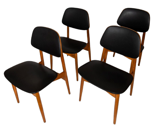 Set di 4 sedie vintage in faggio massello e skai nero, anni '60                            
