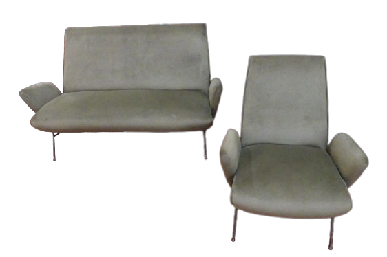Set divano e poltrona design di Nino Zoncada in velluto verde militare                            