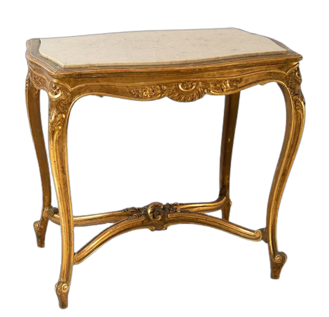 Tavolino antico Napoleone III in legno dorato e intagliato con piano in marmo                            