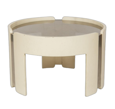 Tavolino design rotondo anni '70 in legno bianco e vetro                            