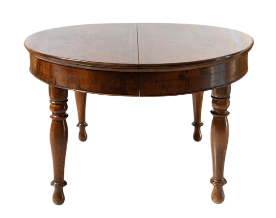 Antique Italian Piedmontese round table in solid walnut, 19th century                    
                            