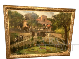 Antonio Lonza - grande dipinto Liberty di esterno con personaggi aristocratici                            