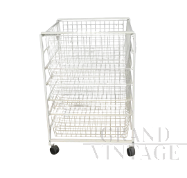 Carrello espositore vintage in metallo bianco con cassetti                            