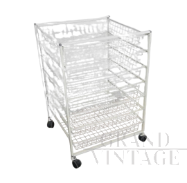 Carrello espositore vintage in rete metallica con 7 cassetti                            