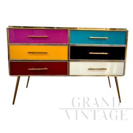 Comò con sei cassetti colorati in vetro                            