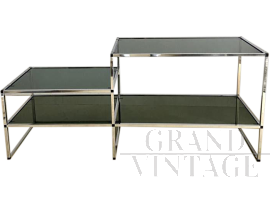 Console vintage doppia in metallo cromato e vetro fumé, Italia anni '70                            