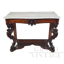 Consolle antica in legno scolpito con cariatidi e piano in marmo                            