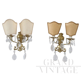 Coppia di appliques anni '80 in bronzo e cristallo                            