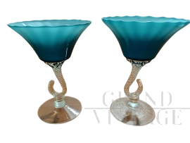 Coppia di bomboniere vasi a bicchiere Firenze di Empoli in vetro azzurro                            