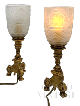 Coppia di lampade da comodino art déco in bronzo e vetro