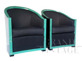 Coppia di poltrone in stile Art Déco in legno nero e pergamena verde                            