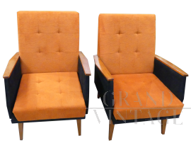 Coppia di poltrone vintage design in legno e tessuto arancione