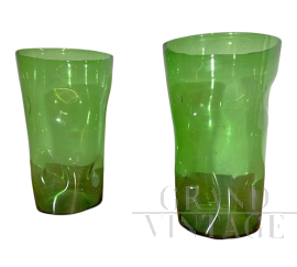 Coppia di vasi Empoli in vetro verde effetto schiacciato, 1940
