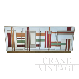 Credenza a 4 ante in vetro bianco con sezioni colorate e ottone                            