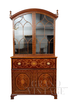 Credenza libreria inglese dei primi dell'800 in piuma di mogano ricchi intarsi                            