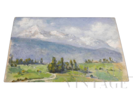 Deschamps - dipinto di campagna con vista dei Pirenei sul Pic Du Midi                            