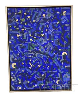 Dipinto contemporaneo astratto su tela in smalti acrilici sui toni del blu