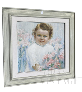 Dipinto di gusto Liberty raffigurante bambina con fiori, firmato                            