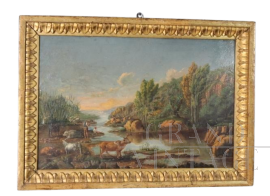 Dipinto con scena bucolica, olio su tavola di fine '700 in cornice antica