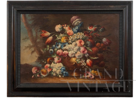 Dipinto lombardo antico olio su tela raffigurante Natura Morta con fiori