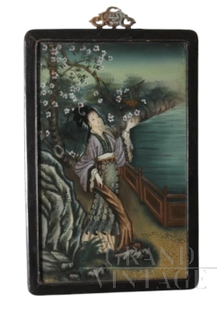 Dipinto su vetro con Geisha Giapponese dei primi del '900                            