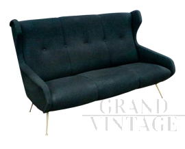 Divano in tessuto nero, modernariato italiano anni '50