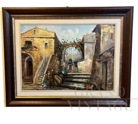 Giuseppe Pisani - dipinto di paesaggio, olio su tela del XX secolo                            