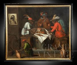 Il pranzo delle scimmie - dipinto Fiammingo antico olio su tela di fine '600
