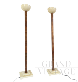 Lampade da terra piantane in stile Art Déco in pergamena e legno                            