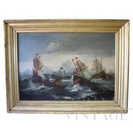 Dipinto antico Battaglia tra galeoni, XIX secolo, olio su tela                            