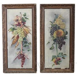 Composizione di fiori e frutta, coppia di dipinti di epoca Art Nouveau                           