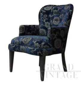 Poltrona art déco in velluto blu floreale                            