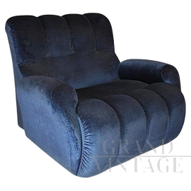 Poltrona in velluto blu degli anni '80                            