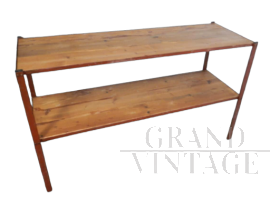Scaffale console industriale in ferro laccato rosso e legno, anni '60