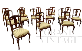 Set di 12 sedie + 2 capotavola palladiane intarsiate con putti allegorici                            