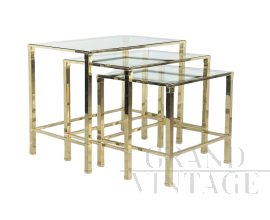 Set di 3 tavolini a nido in ottone e vetro, vintage 1970                            